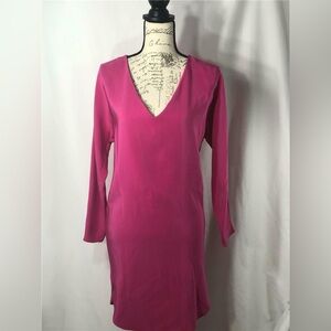 Ralph Lauren 100% Silk Hot Pink V Neck Long Sleeve Jenning Dress Sz XS